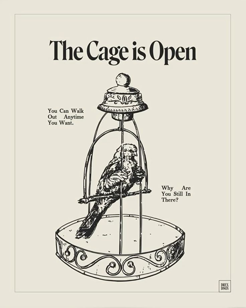 A bird in an open cage illustration